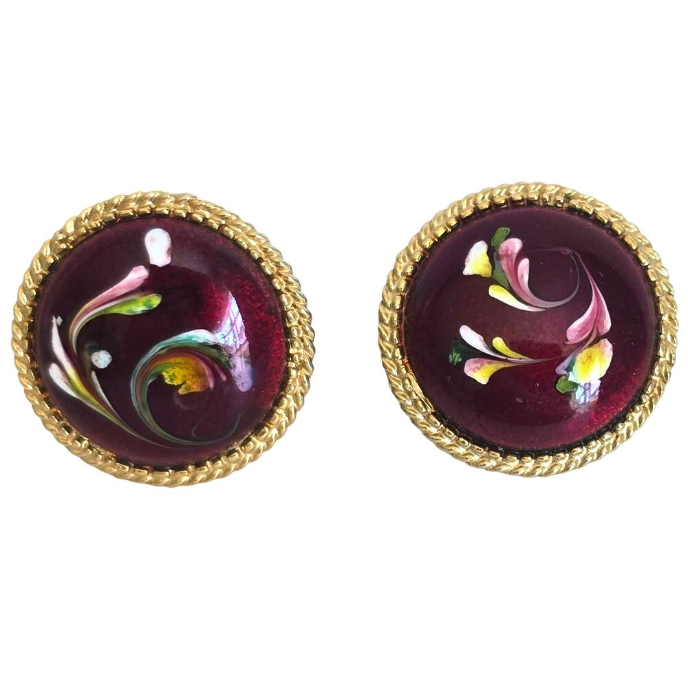 Vtg FLORENZA Earrings Red Glass Cabochon Painted Swirl Enamel Gold Tone Clip On